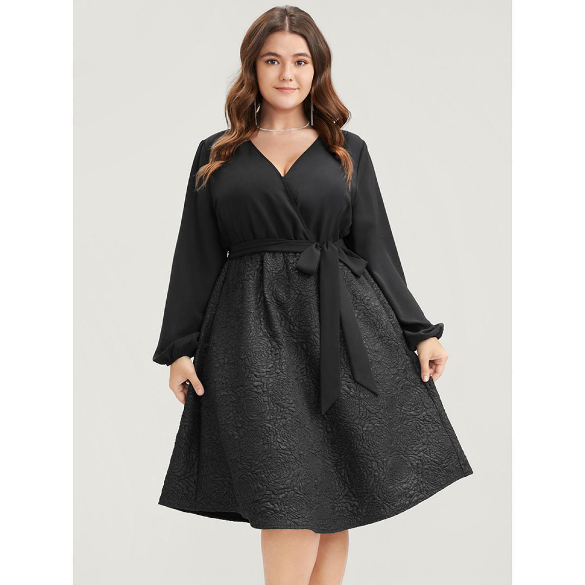 Plus Size Solid Patchwork Wrap Pocket Belted Rose Textured Dress Black Women Office Patchwork V-neck Long Sleeve Curvy Knee Dress BloomChic 28/5X Product Image