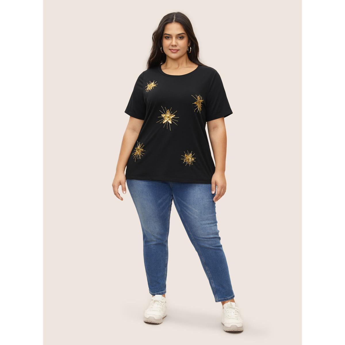 Plus Size Contrast Star Sequin Round Neck T-shirt Black Women Casual Contrast Star and moon Round Neck Everyday T-shirts BloomChic 12/L Product Image