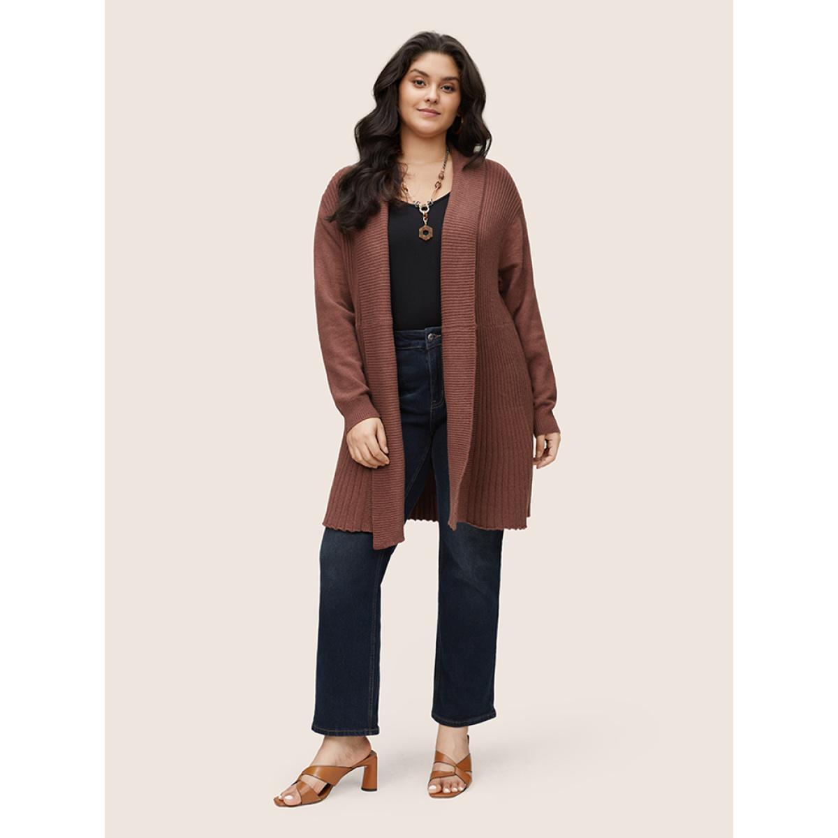 Plus Size Supersoft Essentials Lapel Collar Knit Drop Shoulder Cardigan DarkBrown Women Casual Loose Long Sleeve Dailywear Cardigans BloomChic 22-24/3X Product Image