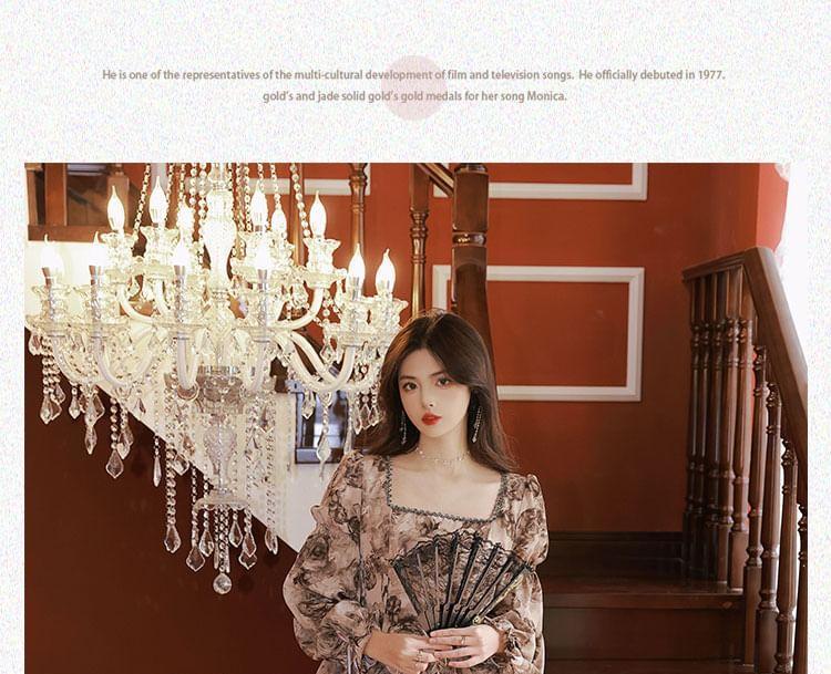 Long-Sleeve Square Neck Floral A-Line Dress Product Image