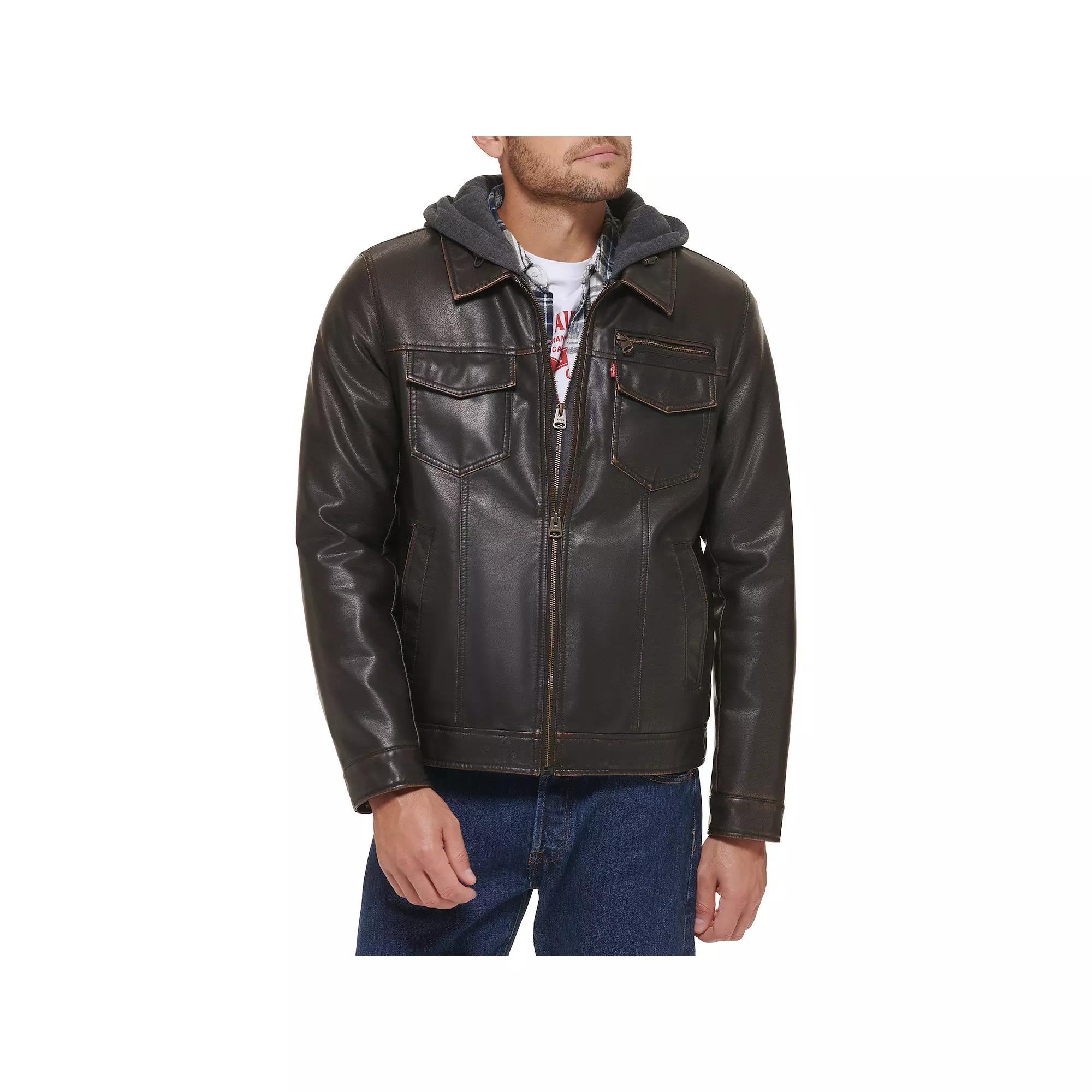 Men's Levi's® Faux Leather Hooded Trucker Jacket, Size: Medium, Dark Brown Product Image