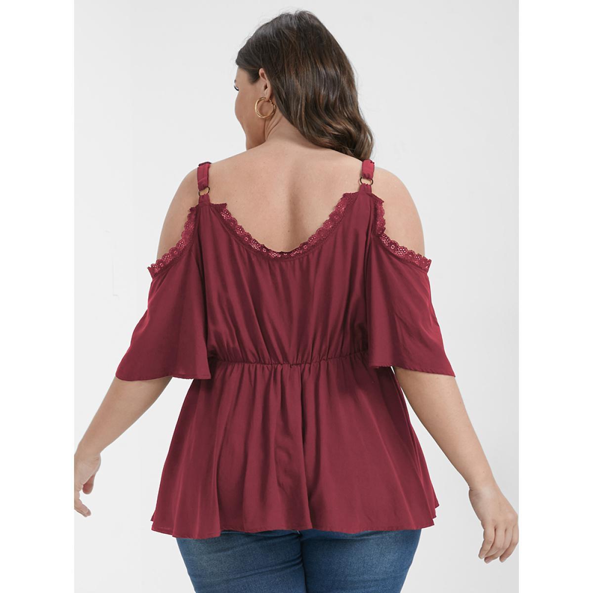 Plus Size Burgundy Plain Eyelet Lace Ruffled Cold Shoulder Blouse Women Elegant Half Sleeve Spaghetti Strap Dailywear Blouses BloomChic 22-24/3X Product Image