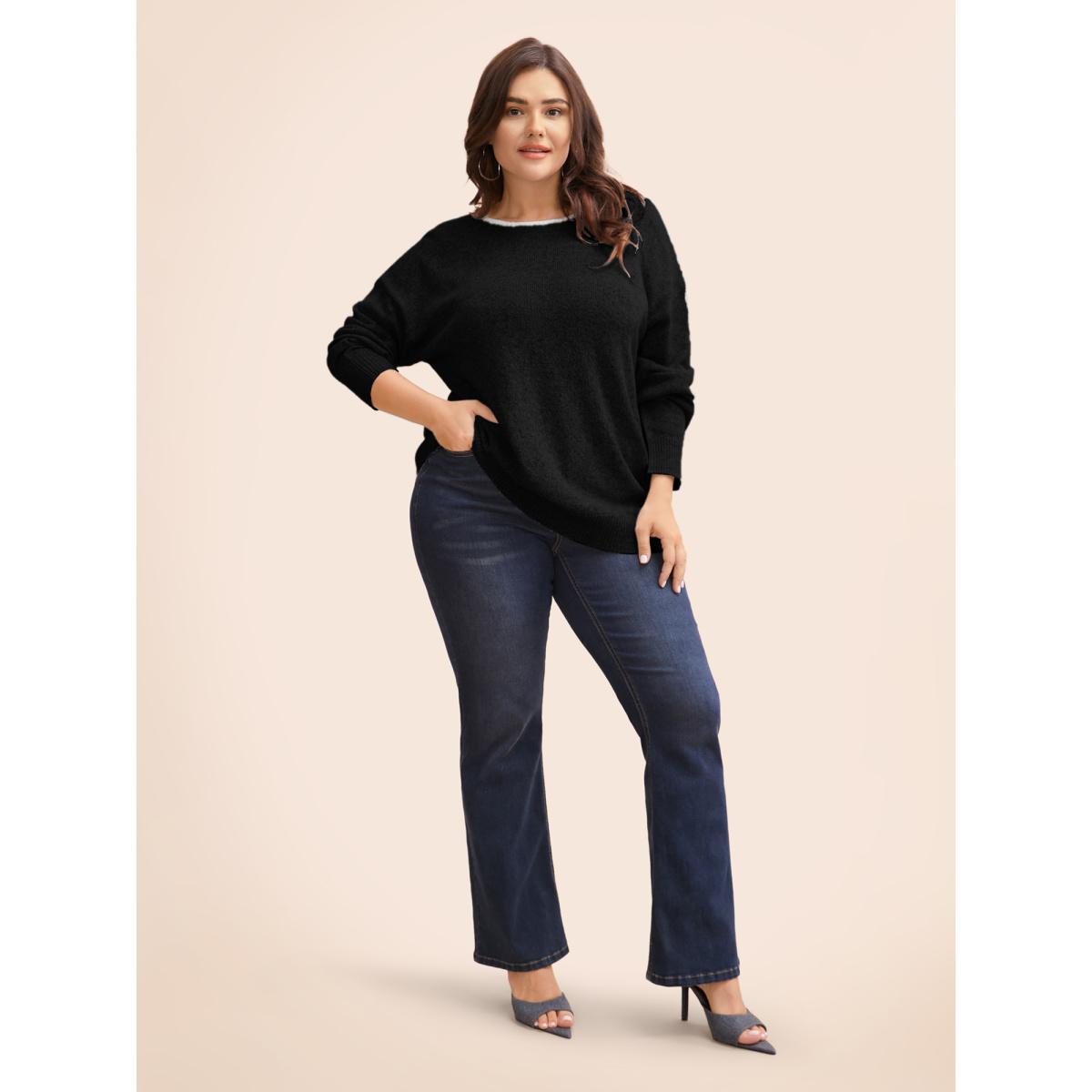 Plus Size Round Neck Bowknot Cut Out Pullover Black Women Casual Long Sleeve Round Neck Everyday Pullovers BloomChic 30/6X Product Image