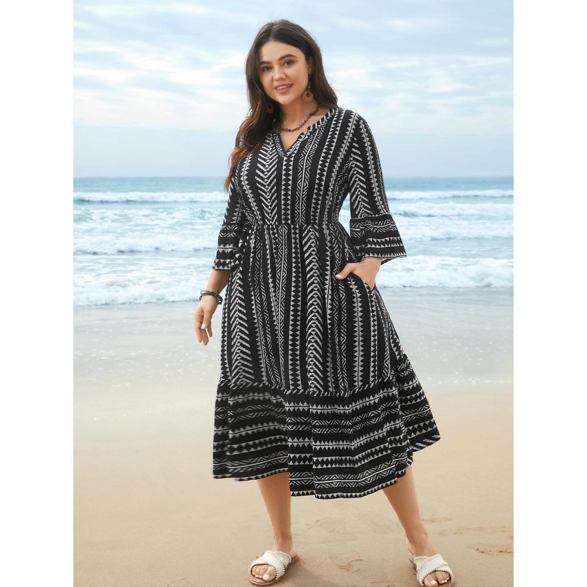 Plus Size Geo Print Stretchy-Waist Tiered Skirt Midi Dress BlackFlower Women Resort Non Flat collar with V-notch Elbow-length sleeve Curvy BloomChic 30/6X Product Image