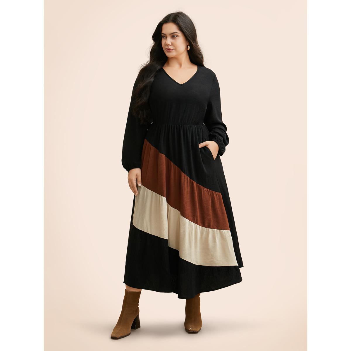 Plus Size Colorblock Contrast Gathered Lantern Sleeve Dress Black Women Elegant Contrast V-neck Long Sleeve Curvy BloomChic 10/M Product Image