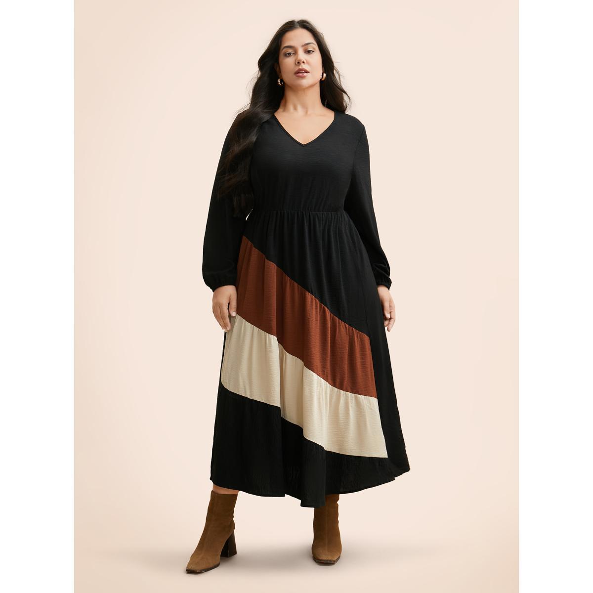 Plus Size Colorblock Contrast Gathered Lantern Sleeve Dress Black Women Elegant Contrast V-neck Long Sleeve Curvy BloomChic 10/M Product Image