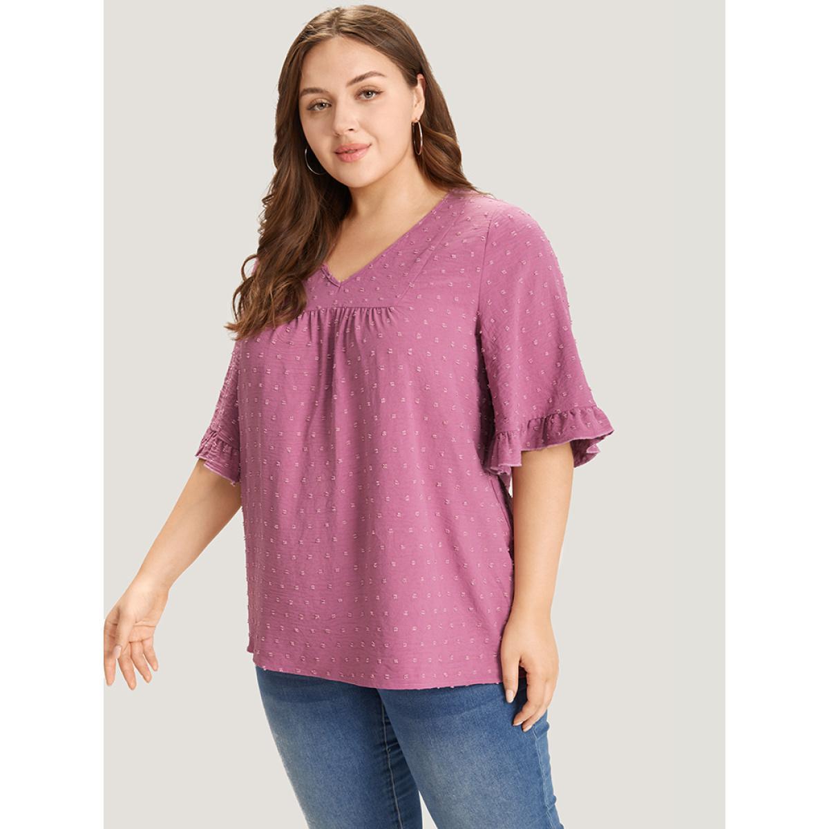 Plus Size Purple Polka Dot Flutter Trim Gathered Blouse Women Elegant Short sleeve V-neck Dailywear Blouses BloomChic 30/6X Product Image