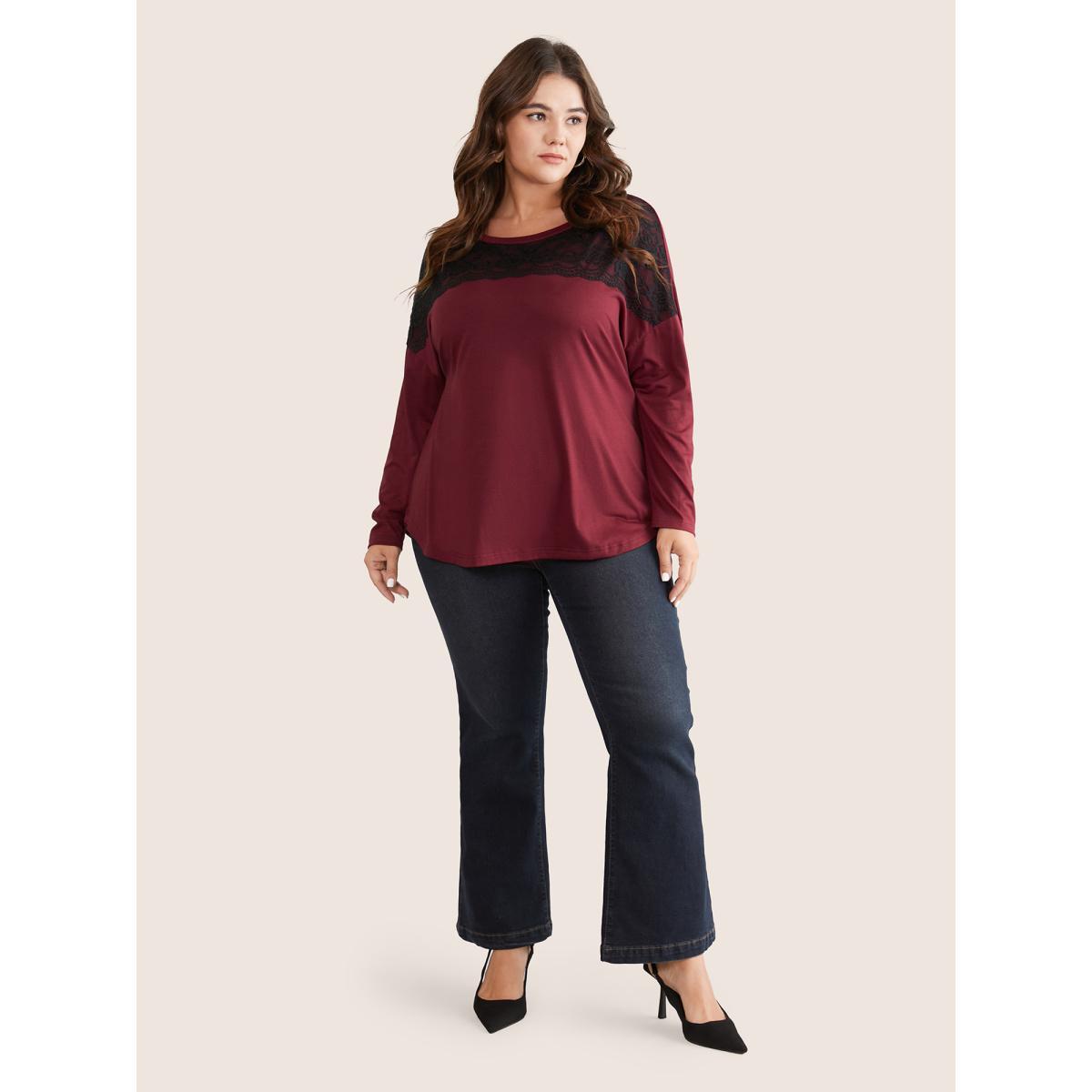 Plus Size Contrast Lace Panel Drop Shoulder T-shirt Burgundy Women Elegant Contrast Plain Round Neck Dailywear T-shirts BloomChic 22-24/3X Product Image