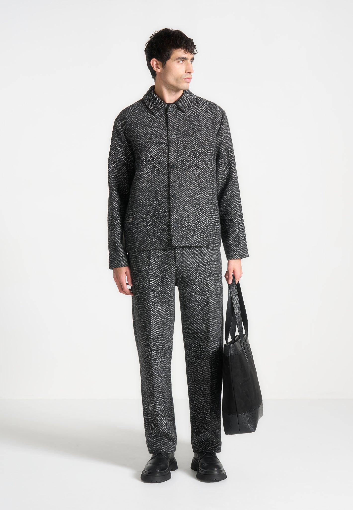 Brushed Herringbone Shacket - Black Male Product Image