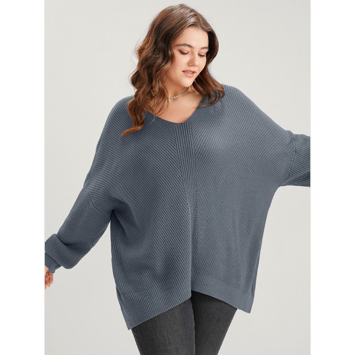 Plus Size Solid Pointelle Knit Asymmetrical Hem Eyelet Knit Top Silver Women Casual Loose Long Sleeve V-neck Dailywear Pullovers BloomChic 30/6X Product Image
