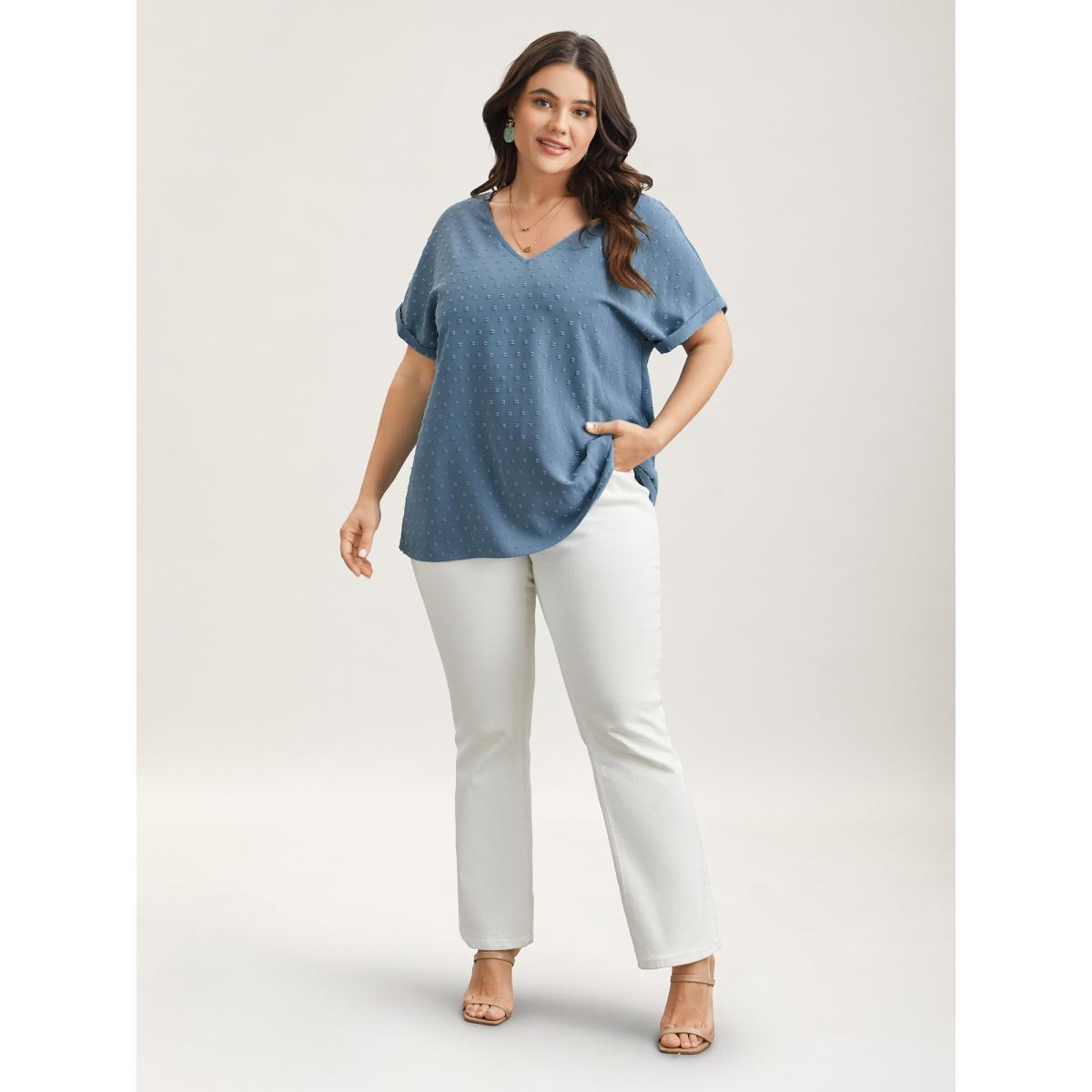 Plus Size Stone Back-Button Textured V-Neck Shirt Women Elegant Short sleeve V-neck Everyday Blouses BloomChic 22-24/3X Product Image
