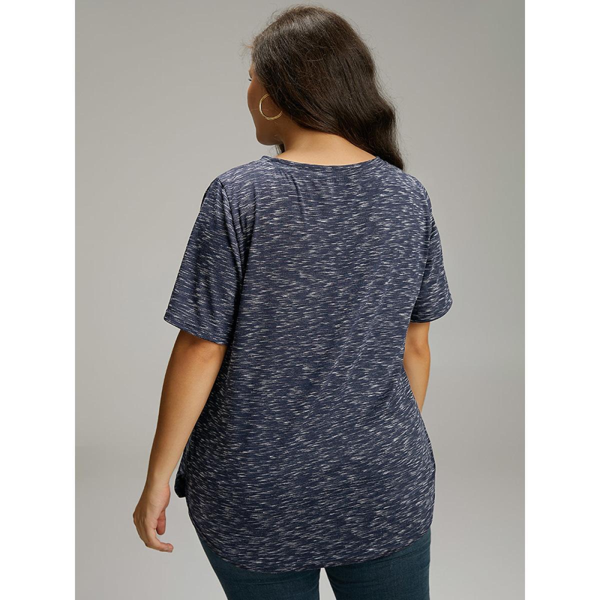 Plus Size Heather Split Side Basic T-shirt Indigo Women Casual Texture Plain V-neck Dailywear T-shirts BloomChic 22-24/3X Product Image