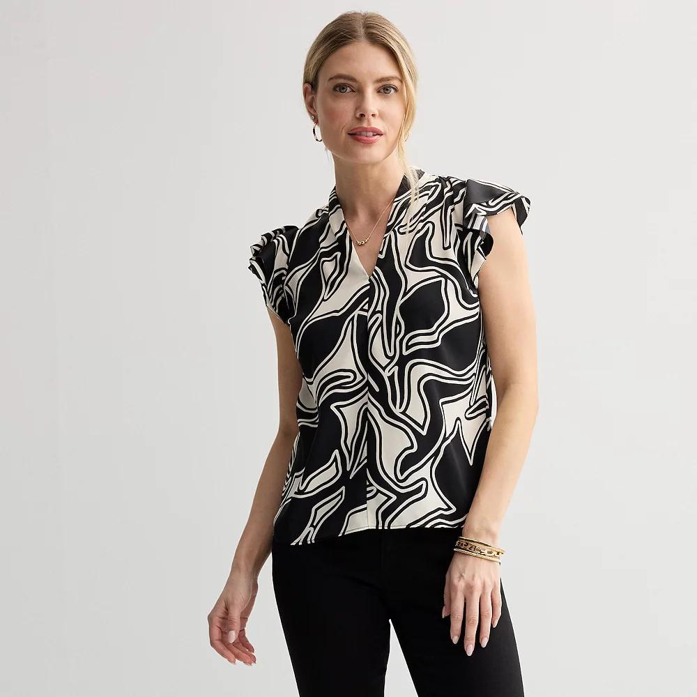 Petite Nine West Flutter Sleeve Satin Blouse, Women's, Size: XS Petite, Black Outline Abstract Product Image