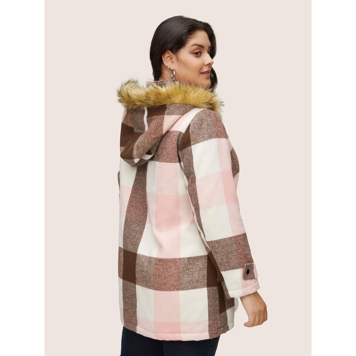 Plus Size Colorblock Contrast Fuzzy Trim Duffle Button Coat Women DustyPink Casual Lined Ladies Dailywear Winter Coats BloomChic 28/5X Product Image