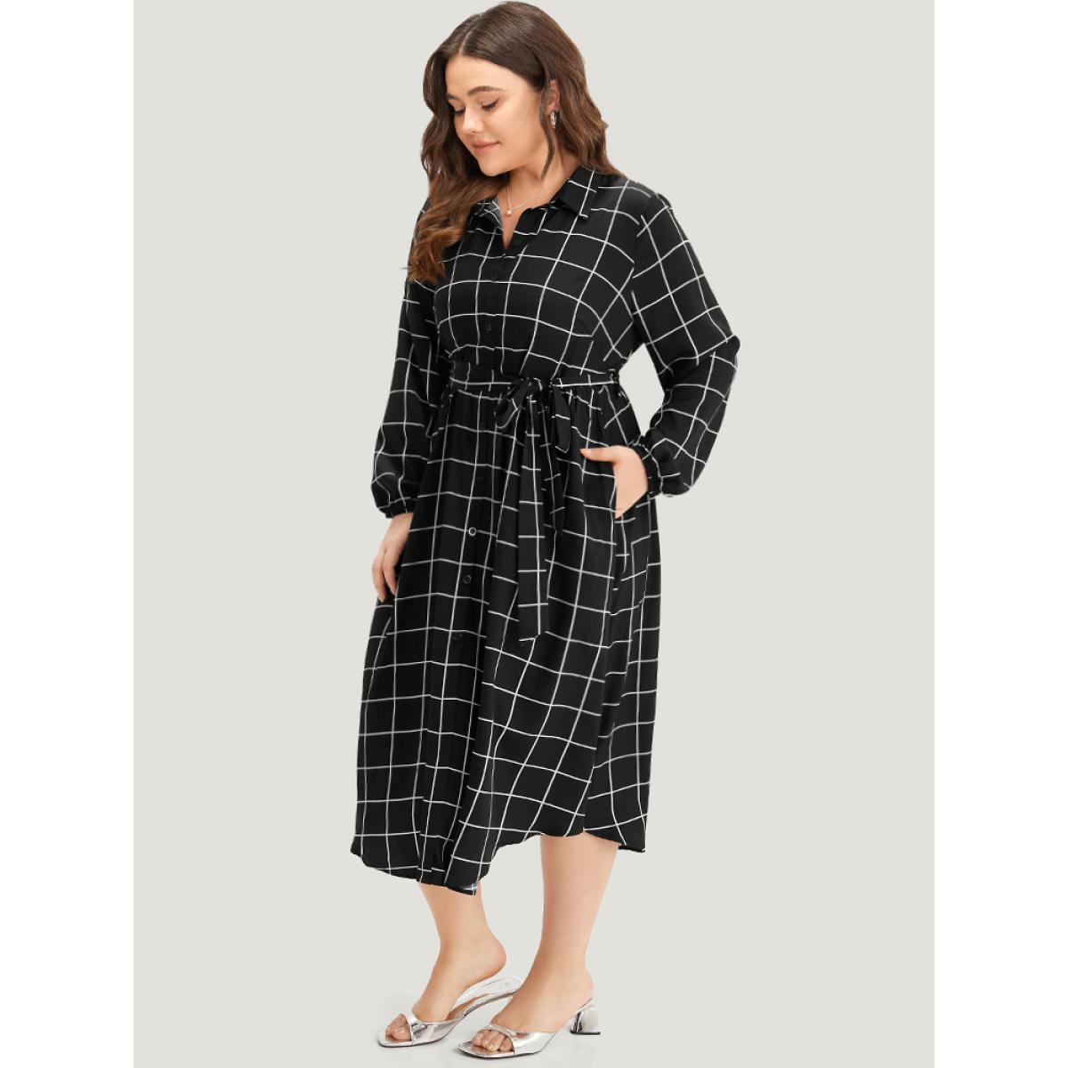 Plus Size Plaid Shirt Collar Belted Lantern Sleeve Dress Black Women At the Office Elastic cuffs Shirt collar Long Sleeve Curvy Midi Dress BloomChic 26/4X Product Image