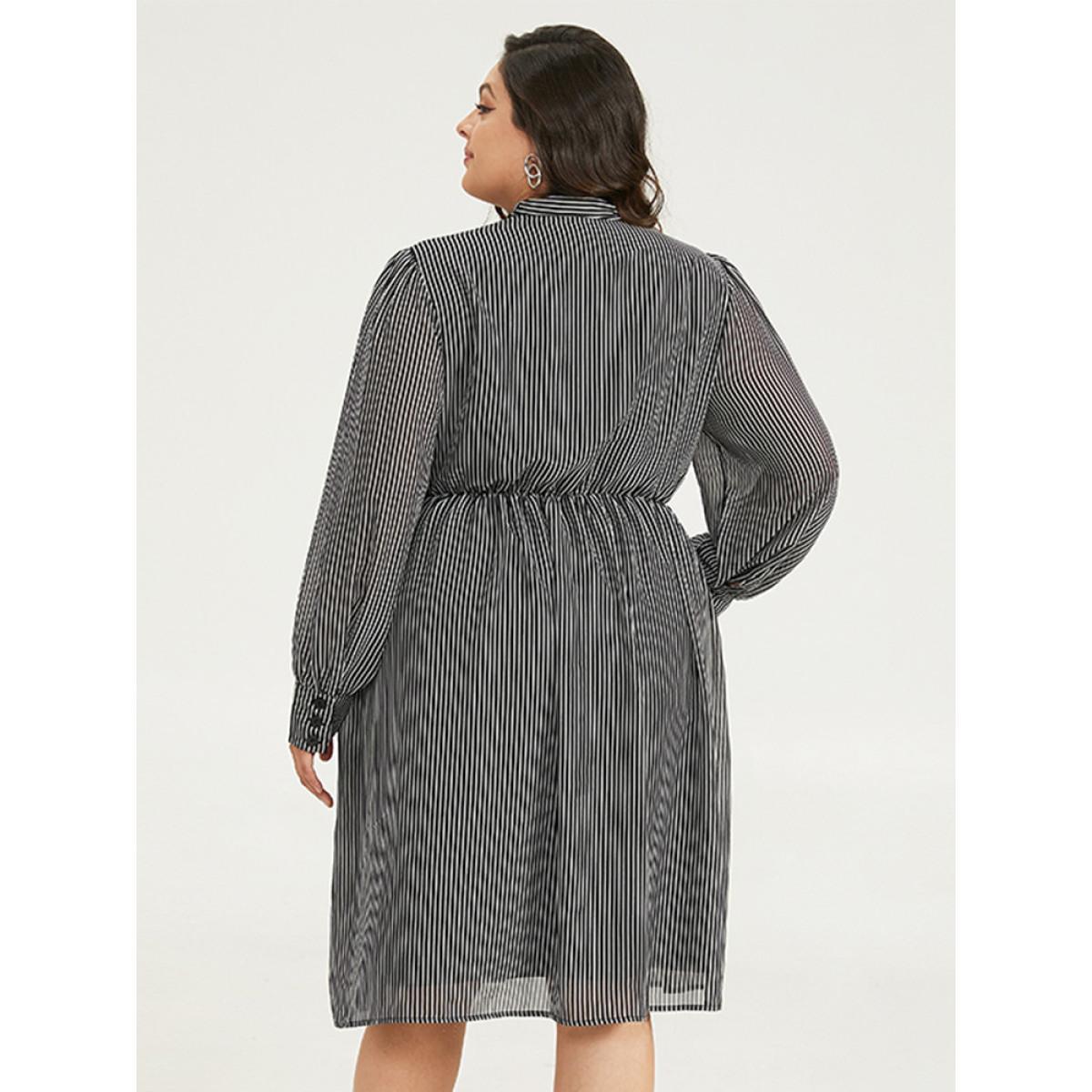 Plus Size Striped Mesh Elastic Waist Knot Neck Dress Black Women Office Printed Tie Neck Long Sleeve Curvy Midi Dress BloomChic 18-20/2X Product Image