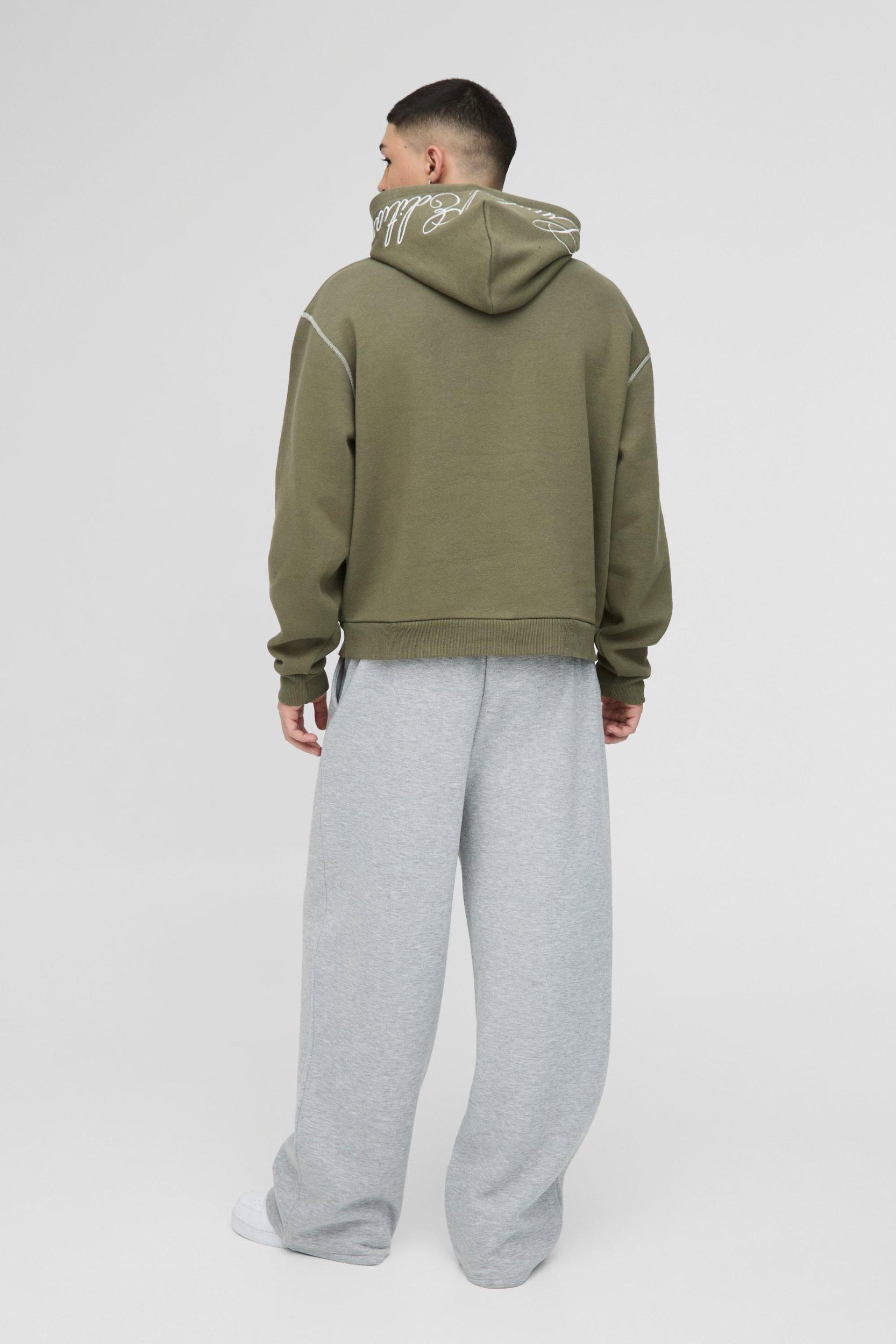 Oversized Boxy Twill Applique Contrast Stitch Hoodie | boohooMAN USA Product Image