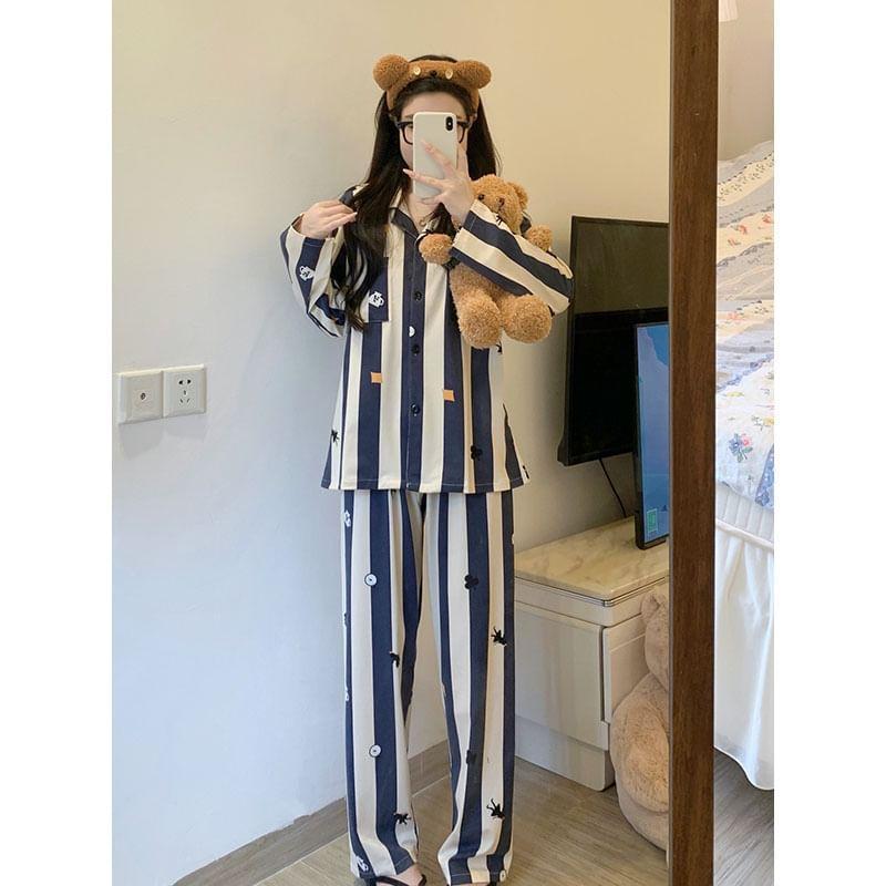 Pajama Set: Long-Sleeve Striped Shirt + Pants Product Image