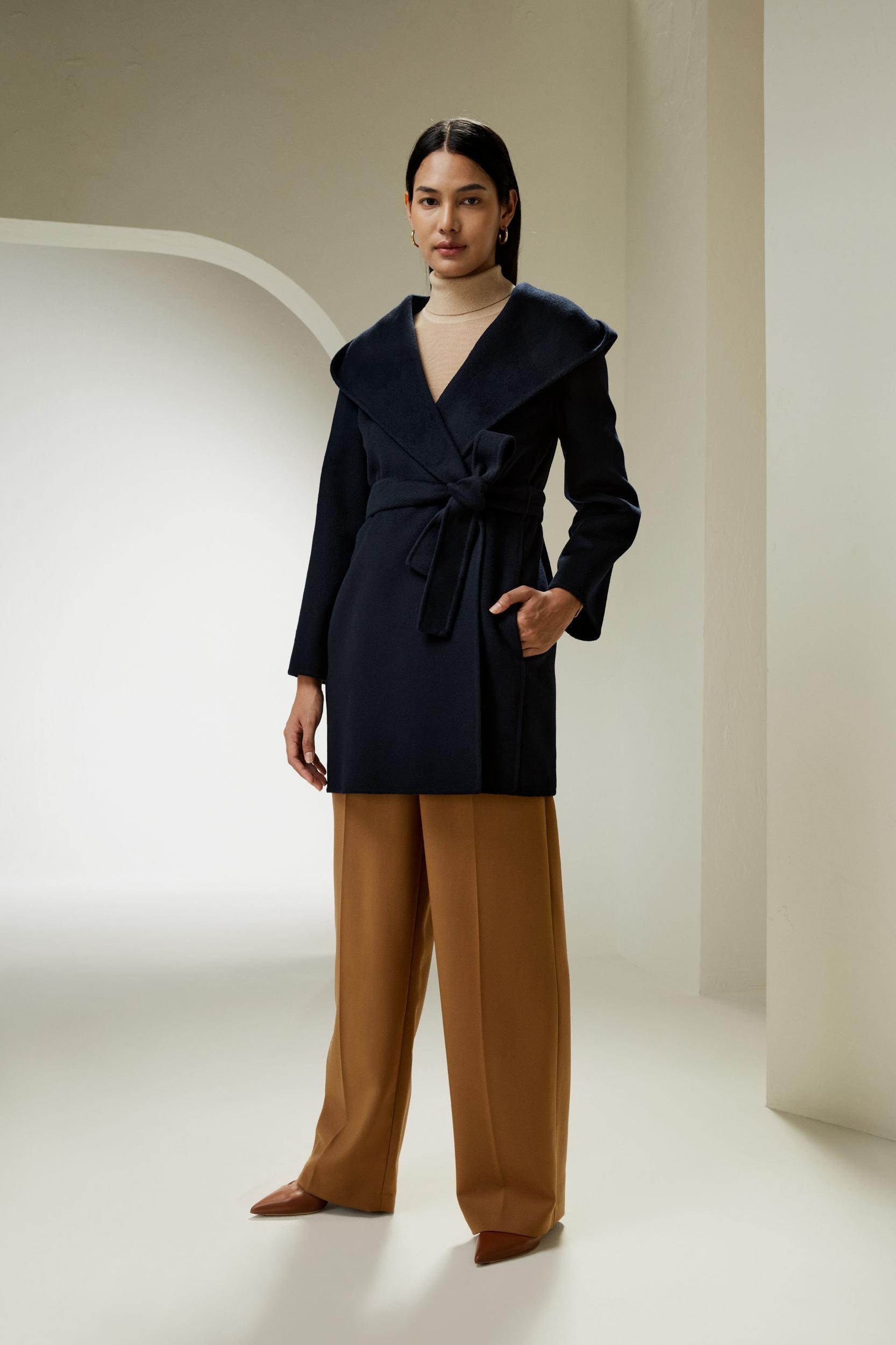 Cashmere-Wool-Blend Belted Short Hooded Coat Product Image