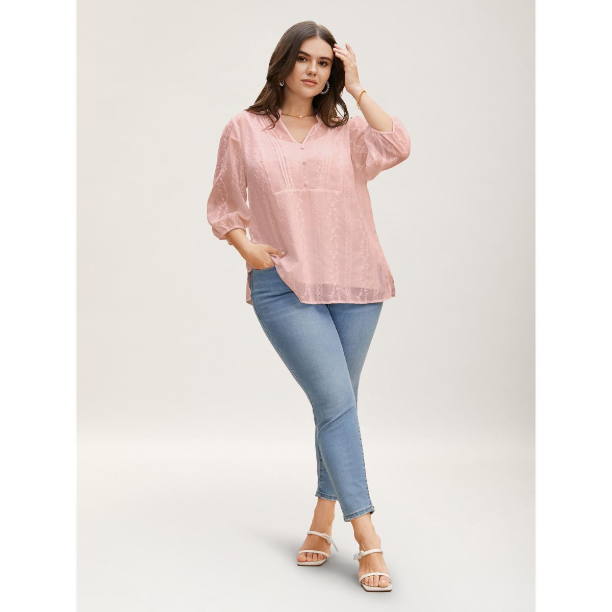 Plus Size Lightpink Texture Mesh Button Detail Tucked Seam Blouse Women Elegant Elbow-length sleeve V-neck Everyday Blouses BloomChic 26/4X Product Image