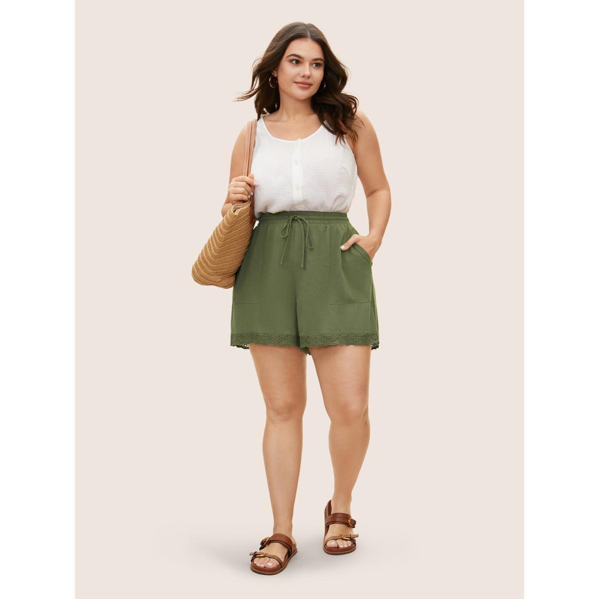 Plus Size Cotton Linen Patchwork Broderie Anglaise Drawstring Shorts Women ArmyGreen Resort Patchwork Wide Leg Vacation Shorts BloomChic 14-16/1X Product Image