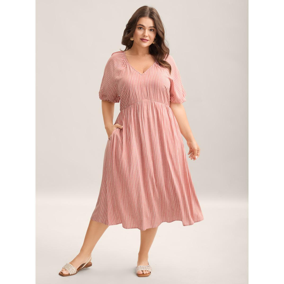 Plus Size Rayon Stripe Print Puff Sleeve A-Line Dress Lightpink Women Flat collar with V-notch Cap Sleeve Curvy BloomChic 28/5X Product Image