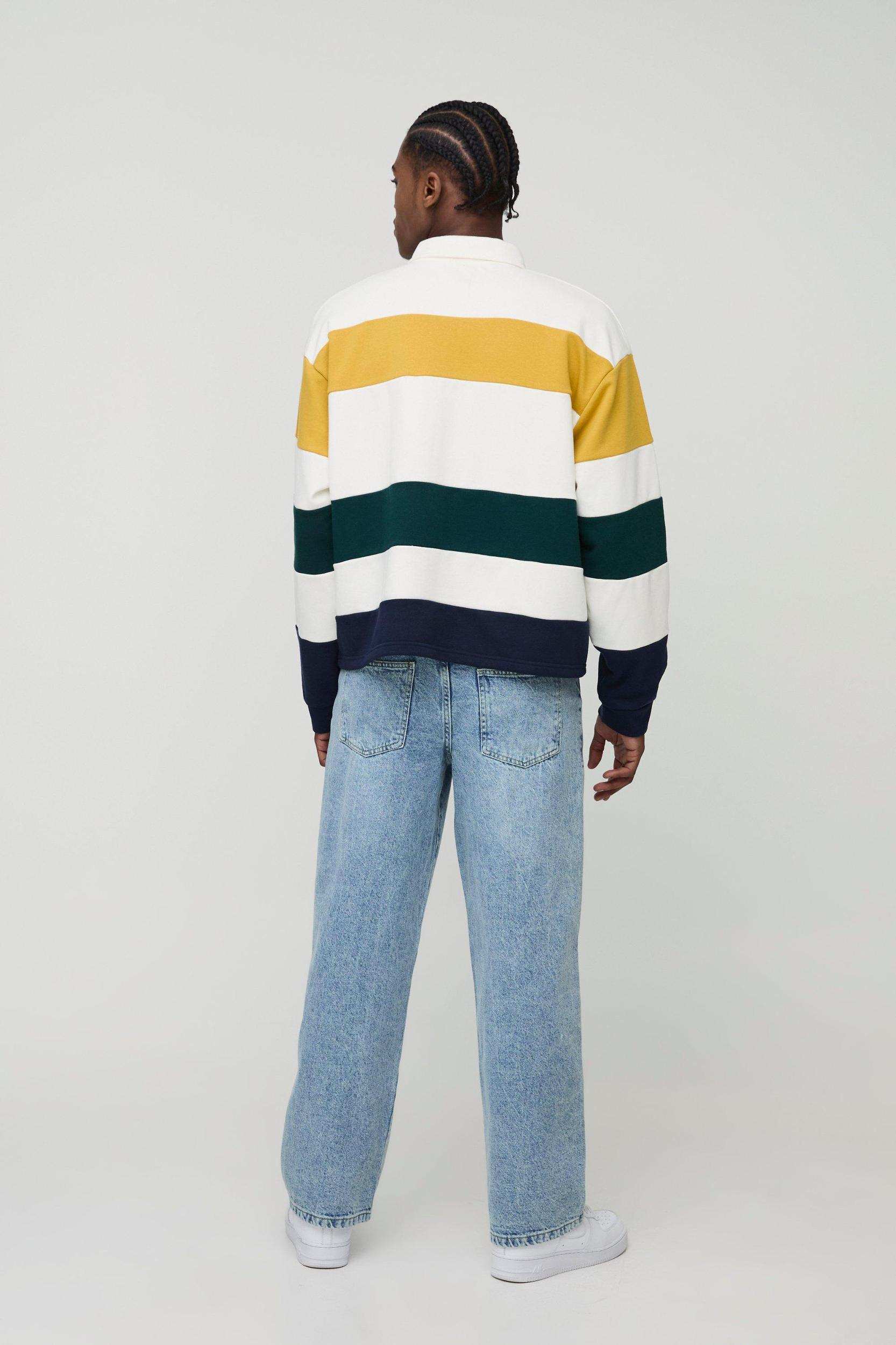 Oversized Boxy Stripe Embroidered Rugby Polo Sweatshirt | boohooMAN USA Product Image