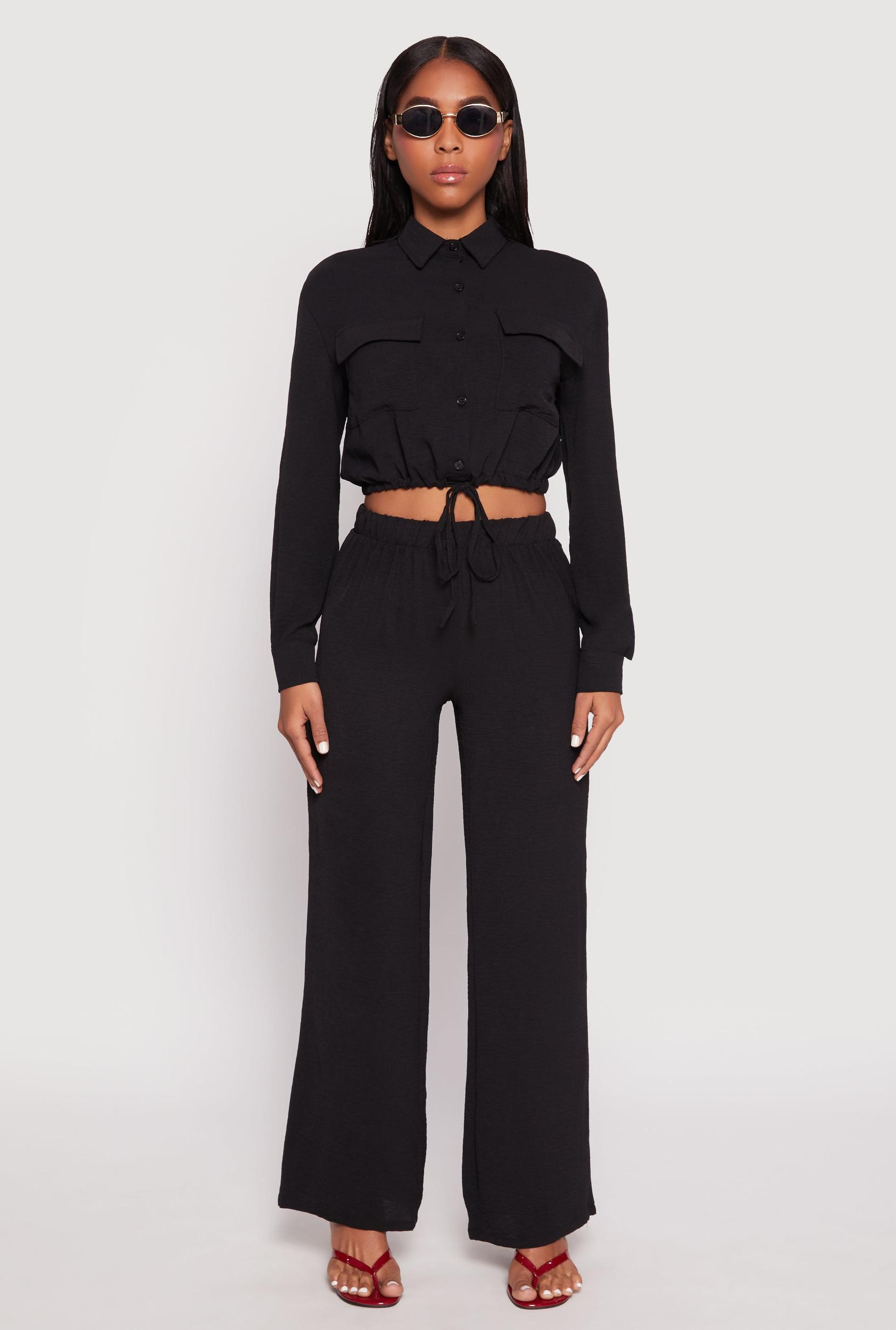 Womens Crepe Knit Drawstring Crop Top and Wide Leg Pants Product Image
