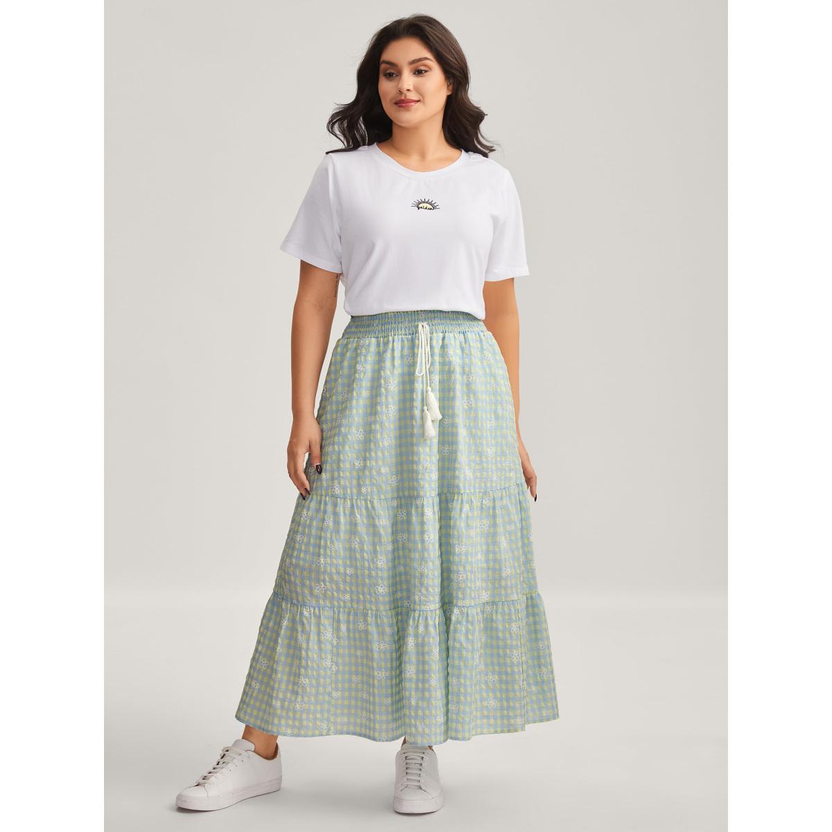 Plus Size Plaid Floral Shirred Waist Maxi Skirt Women LightBlue Loose No stretch Side seam pocket Everyday-Elegant Skirts BloomChic 12/L Product Image