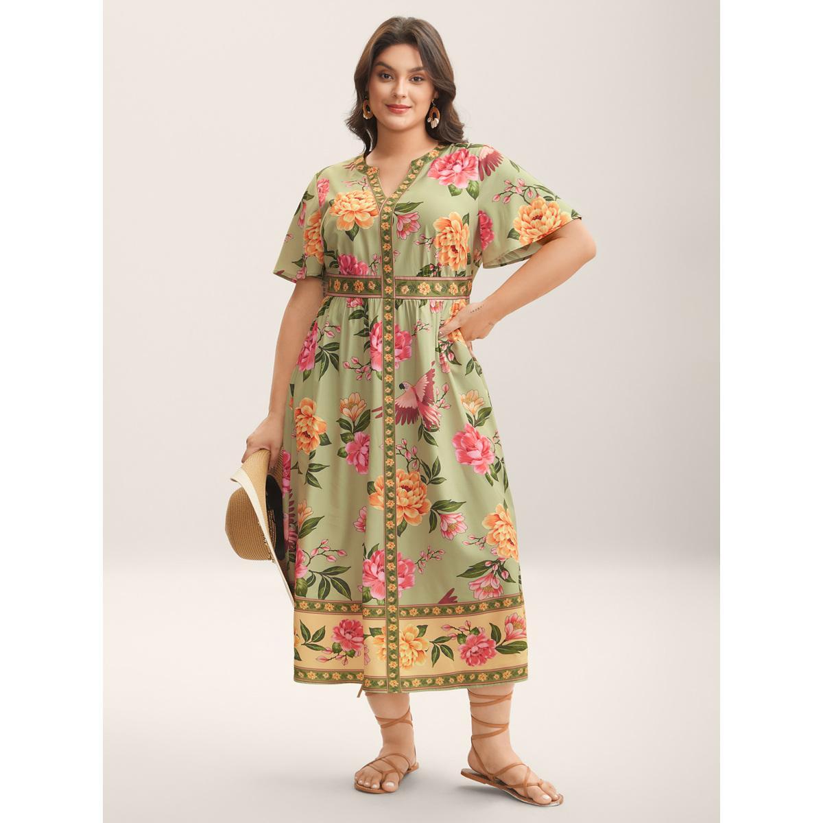 Plus Size Floral Contrast Hem Split Neck Midi Dress Sage Women Flat collar with V-notch Short sleeve Curvy BloomChic 28/5X Product Image