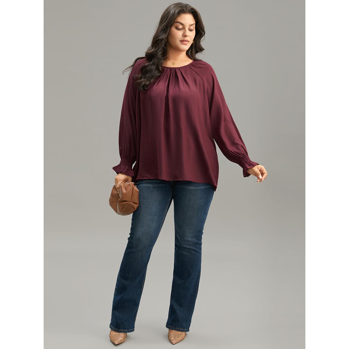 Plus Size Burgundy Supersoft Essentials Plain Plicated Detail Ruffle Trim Blouse Women Office Long Sleeve Round Neck Work Blouses BloomChic 12/L Product Image