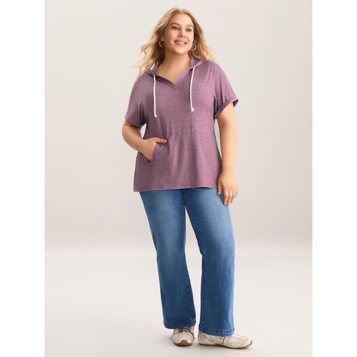 Plus Size Hooded Pockets Ties Plain T-Shirt Mauve Women Roll Hem Turtleneck Everyday-Casual T-shirts BloomChic 14-16/1X Product Image
