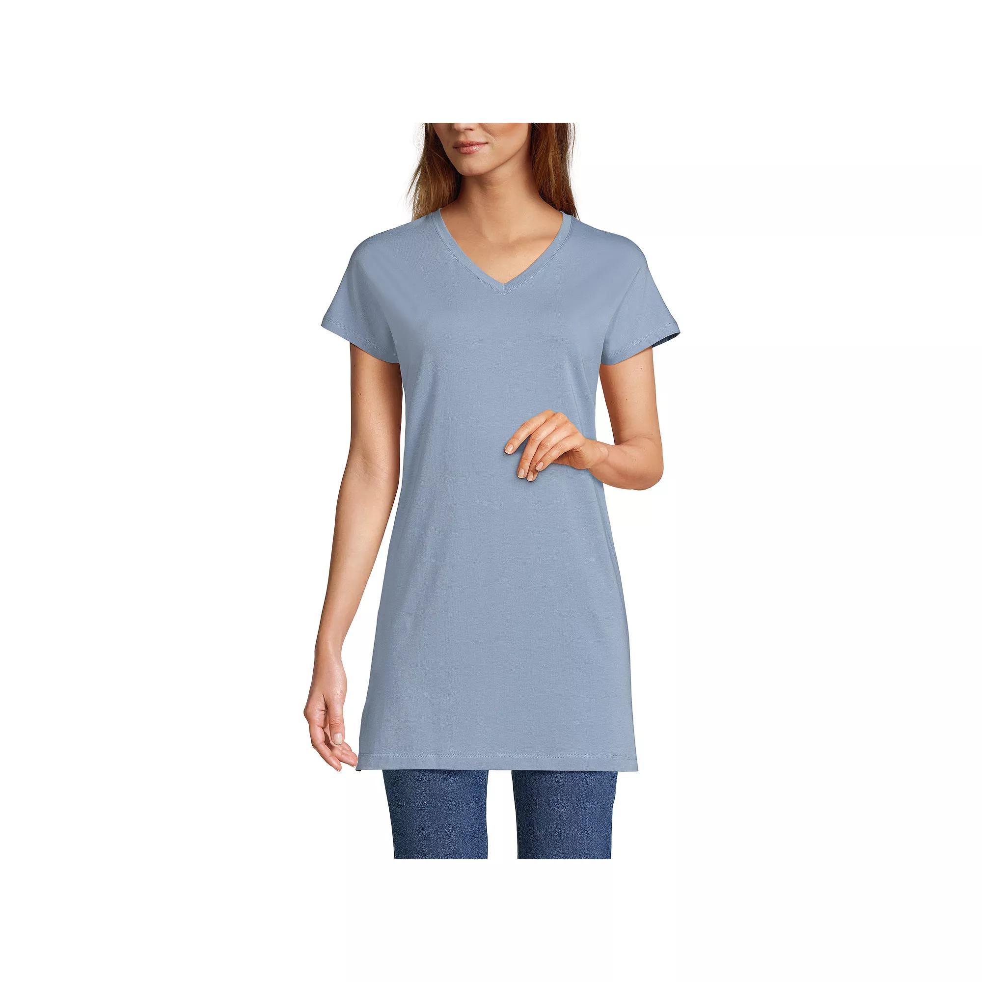 Womens Lands' End Jersey Extra Long V-Neck Tunic, Women's, Size: Medium, Pale Grey Blue Product Image