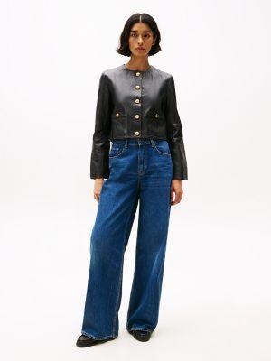Cropped Collarless Leather Jacket Product Image