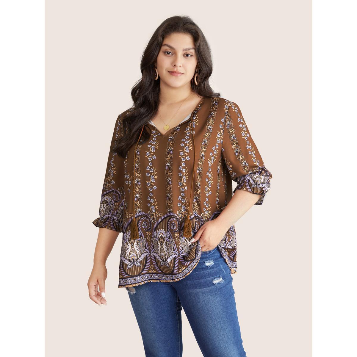 Plus Size Rust Bandana Print Tassels Ties Flutter Sleeve Blouse Women Vacation Elbow-length sleeve Tie Neck Vacation Blouses BloomChic 14-16/1X Product Image