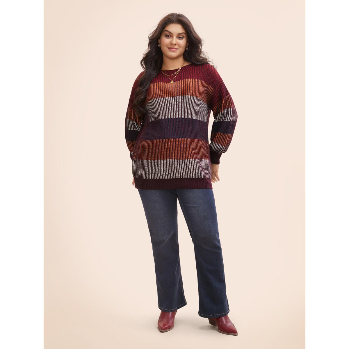 Plus Size Textured Striped Contrast Patchwork Pullover Deepred Women Casual Long Sleeve Round Neck Everyday Pullovers BloomChic 10/M Product Image