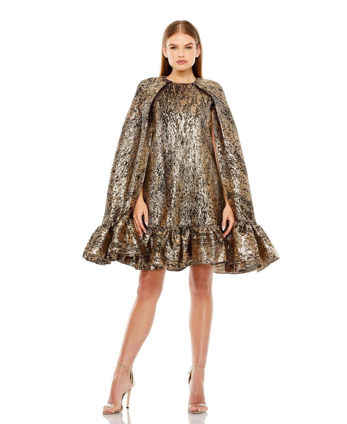 Mac Duggal Long Cape Sleeve Ruffled Hem Metallic Dress Product Image