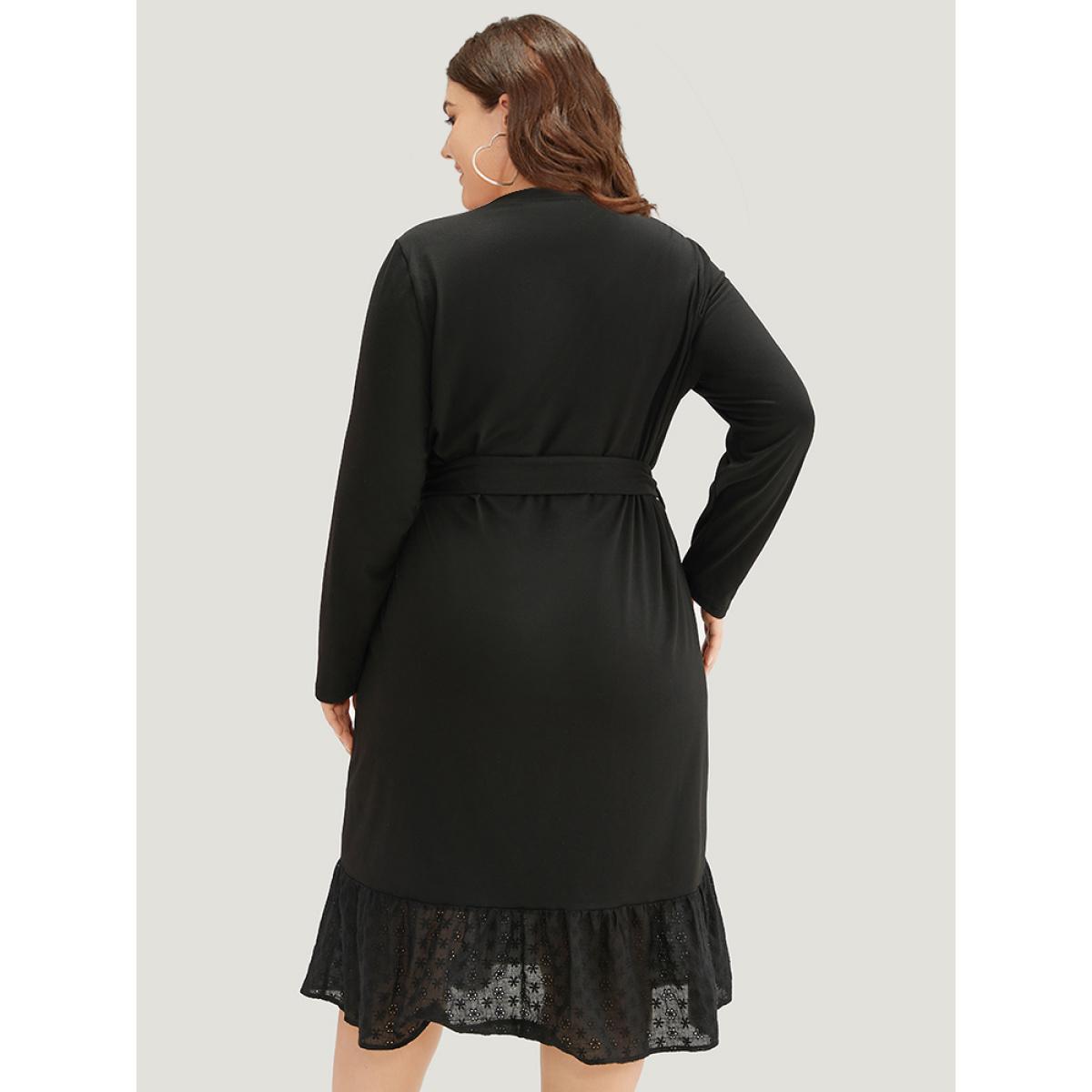 Plus Size Broderie Anglaise Round Neck Belted Flutter Hem Dress Black Women Casual Plain Round Neck Long Sleeve Curvy Midi Dress BloomChic 18-20/2X Product Image
