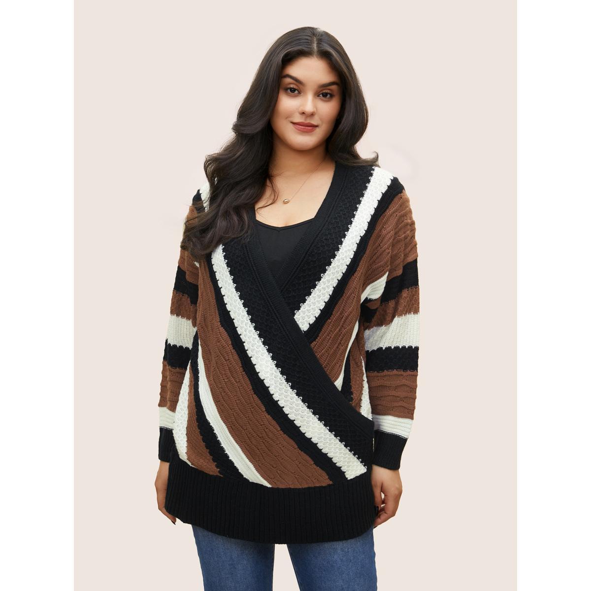 Plus Size Contrast Colorblock Wrap Deep V Neck Pullover DarkBrown Women Casual Long Sleeve Deep V-neck Everyday Pullovers BloomChic 30/6X Product Image
