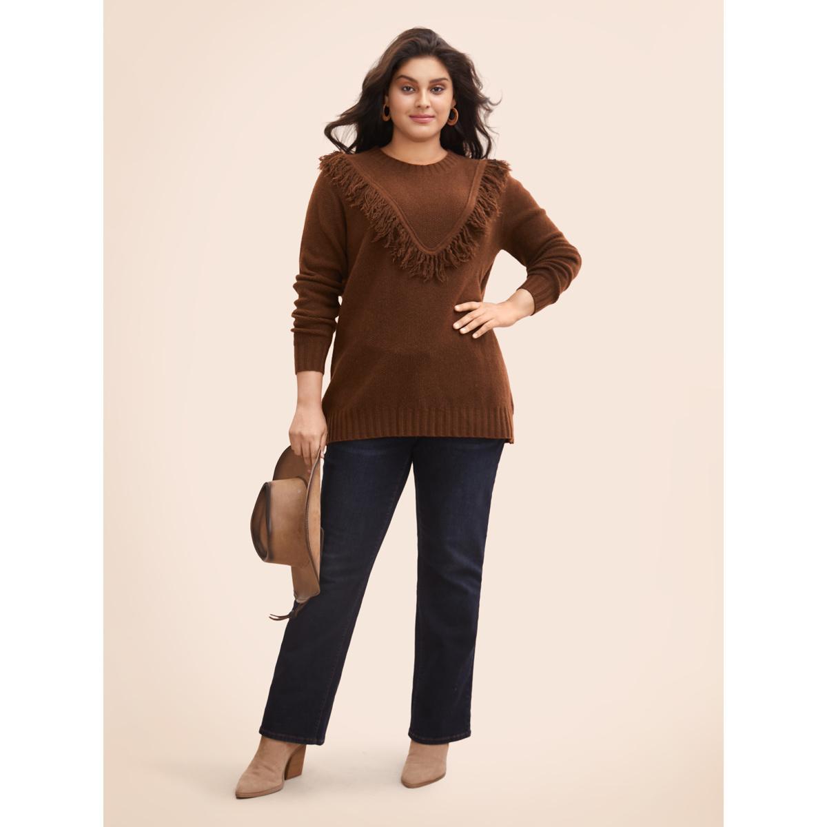 Plus Size Tassel-Front High Neck Pullover DarkBrown Women Casual Long Sleeve Round Neck Everyday Pullovers BloomChic 30/6X Product Image