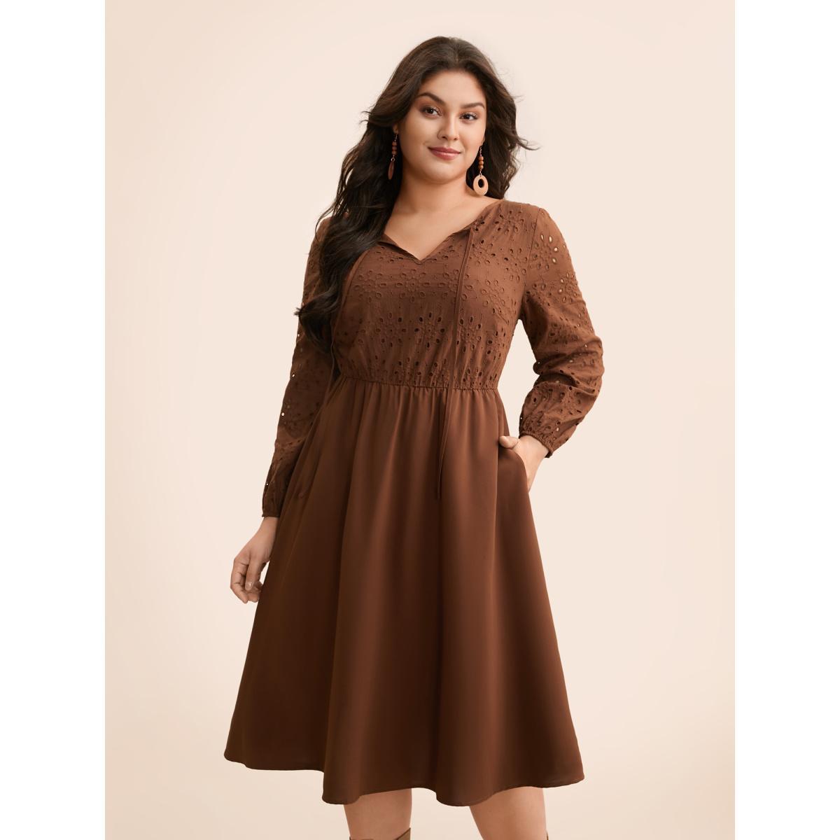 Plus Size Broderie Anglaise Patchwork Tie Knot Dress Browncoffeecolor Women Elegant Patchwork Round Neck Long Sleeve Curvy BloomChic 28/5X Product Image