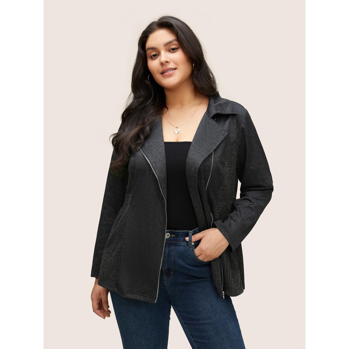 Plus Size Texture Patchwork Rib Knit Zipper Jacket Women DarkGray Non Side seam pocket Everyday Jackets BloomChic 14-16/1X Product Image