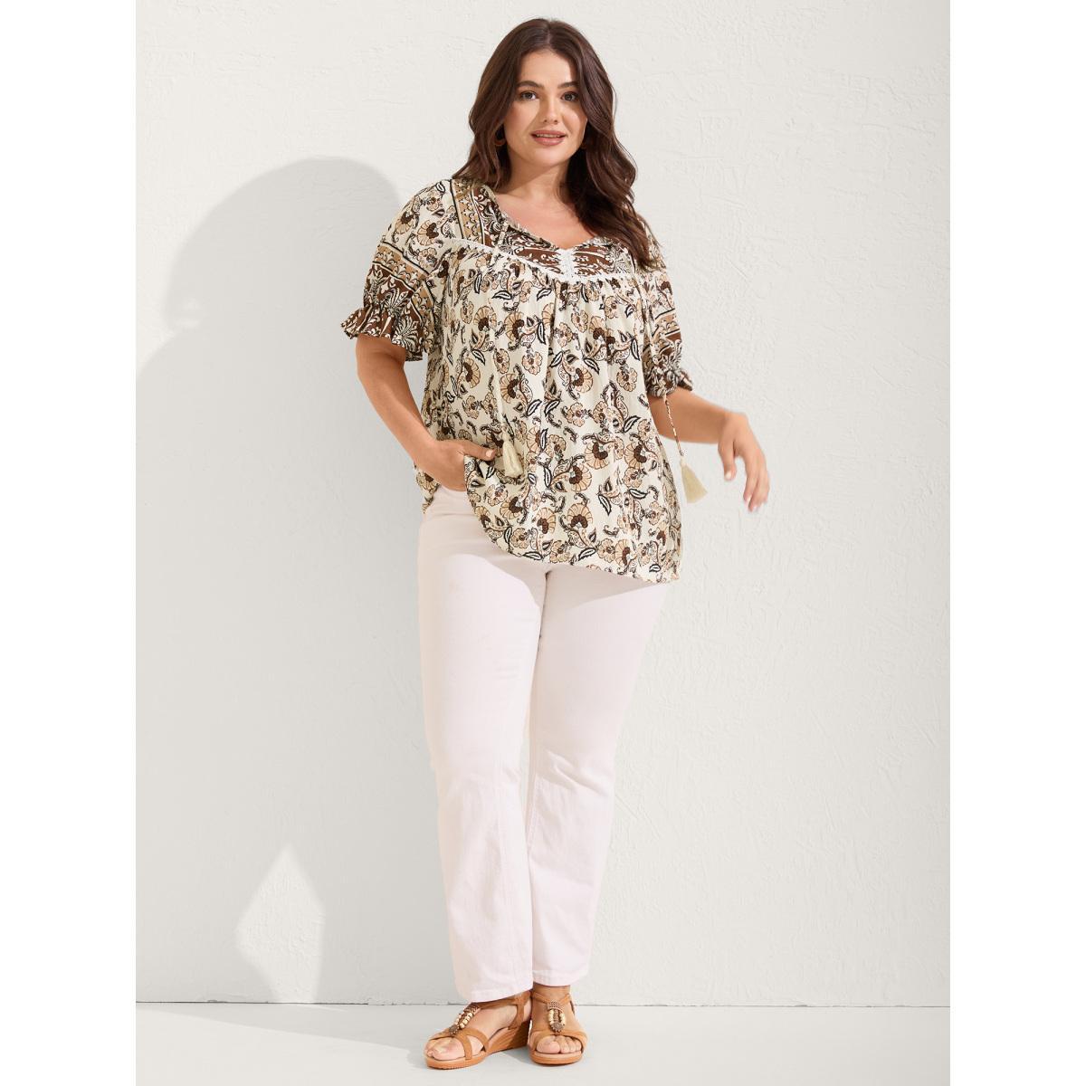Plus Size DarkBrown Boho Floral Print Neck Tassels Blouse Women Short sleeve Flat collar with V-notch Vacation Blouses BloomChic 18-20/2X Product Image