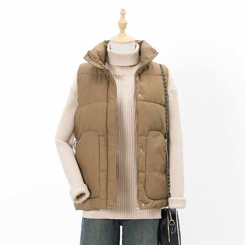 Stand Collar Plain Zip-Up Puffer Vest Product Image