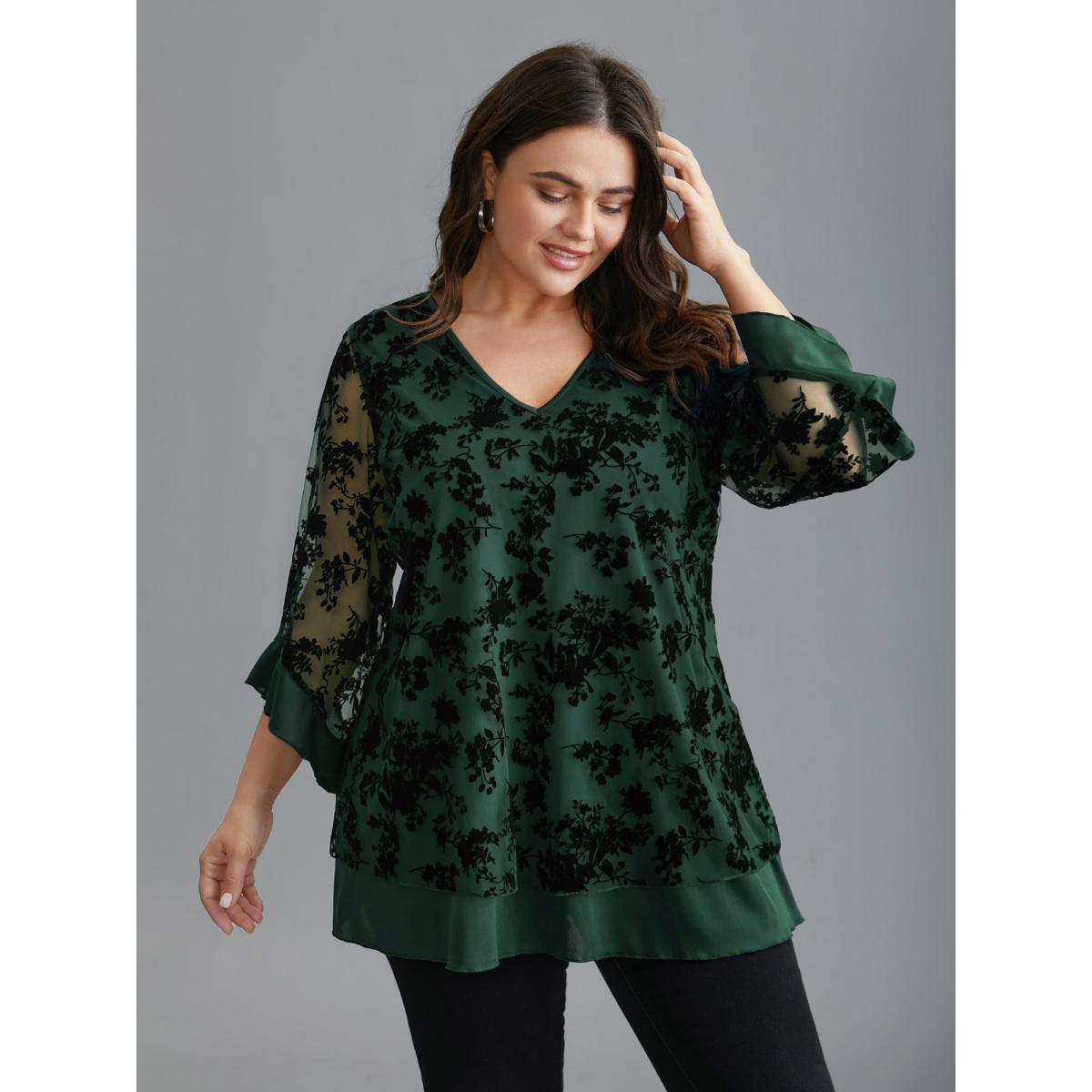 Plus Size DarkGreen Floral Flocking Mesh Asymmetrical Hem Blouse Women Elegant Three Quater Length Sleeve V-neck Everyday Blouses BloomChic 22-24/3X Product Image