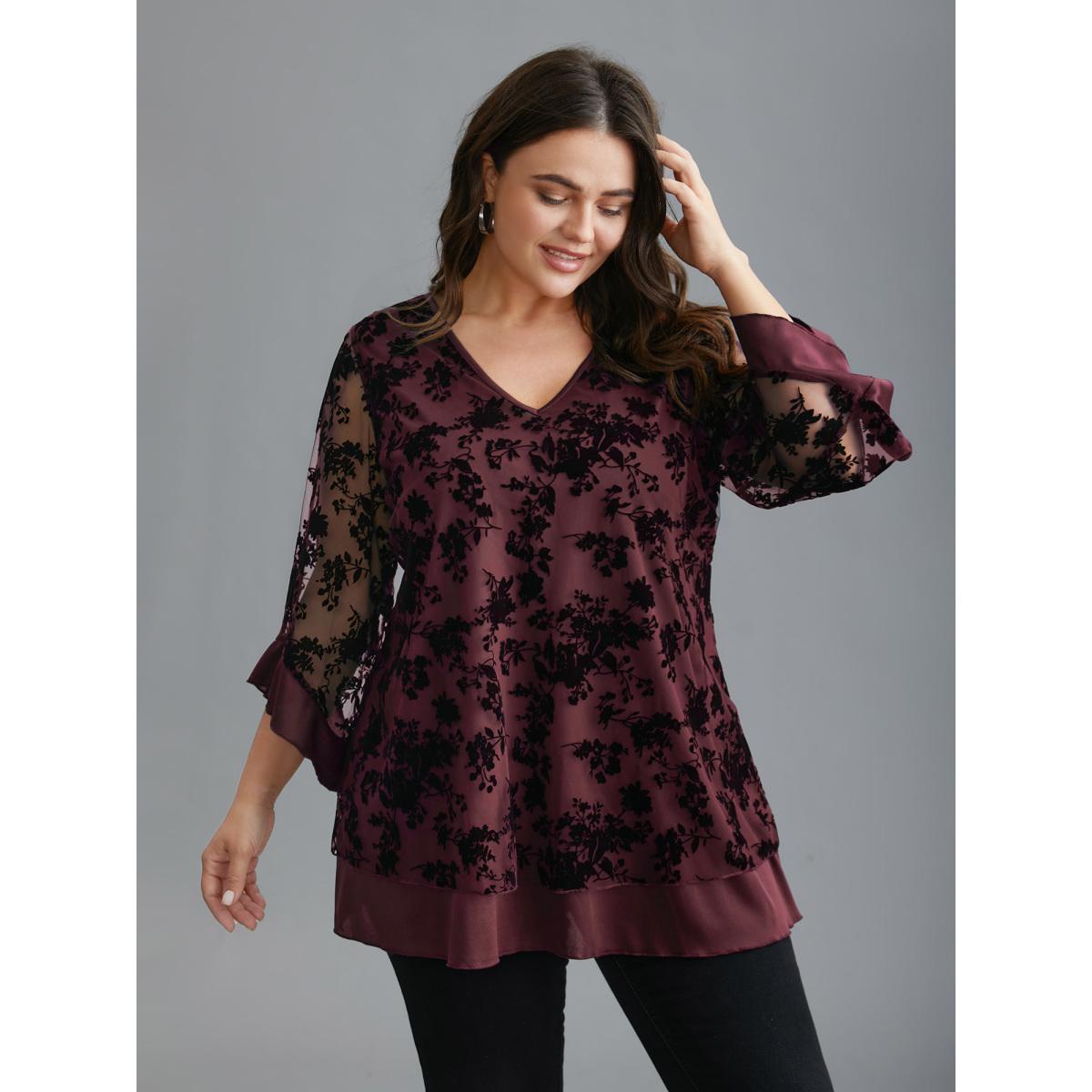 Plus Size Burgundy Floral Flocking Mesh Asymmetrical Hem Blouse Women Elegant Three Quater Length Sleeve V-neck Everyday Blouses BloomChic 28/5X Product Image