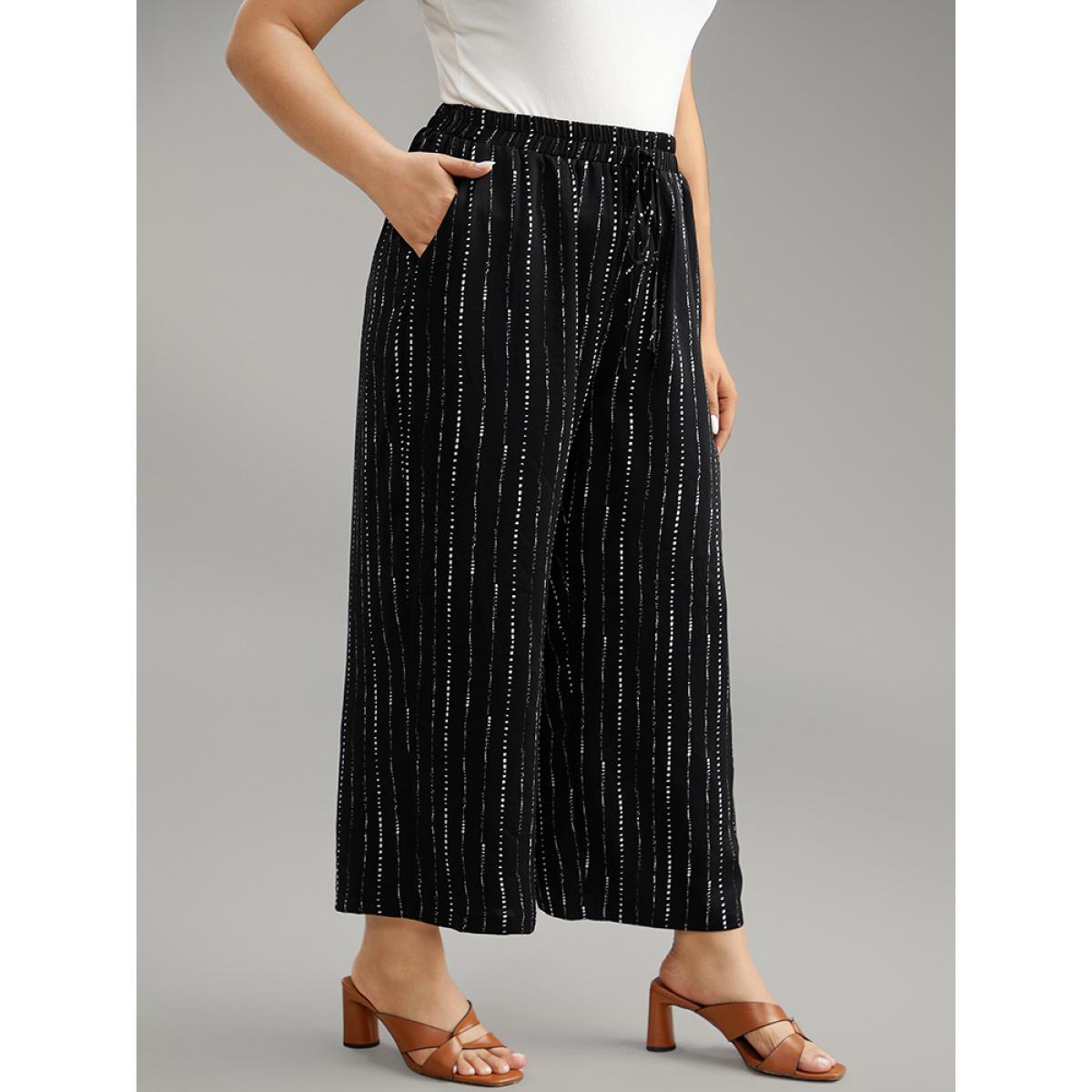 Plus Size Polka Dot Striped Ties Wide Leg Pants Women Black Vacation Wide Leg High Rise Dailywear Pants BloomChic 14-16/1X Product Image
