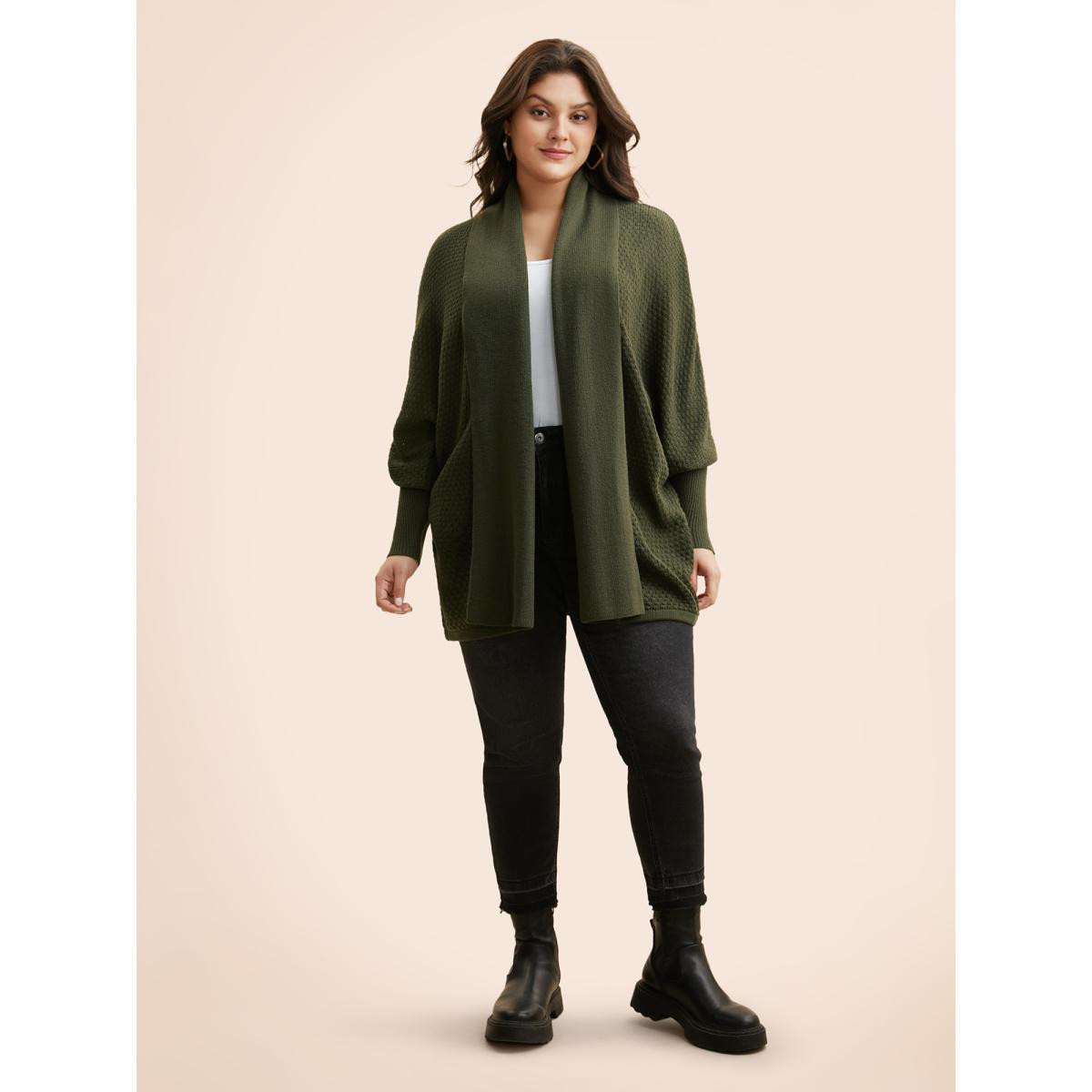 Plus Size Texture Lapel Collar Dolman Sleeve Cardigan ArmyGreen Women Casual Long Sleeve Everyday Cardigans BloomChic 14-16/1X Product Image