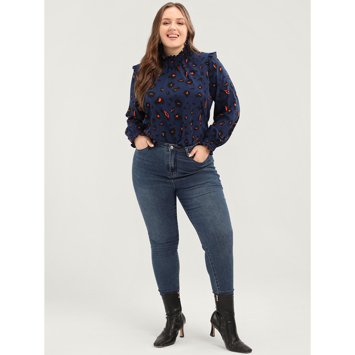 Plus Size DarkBlue Allover Print Ruffle Trim Lantern Sleeve Shirred Blouse Women Elegant Long Sleeve Mock Neck Dailywear Blouses BloomChic 30/6X Product Image
