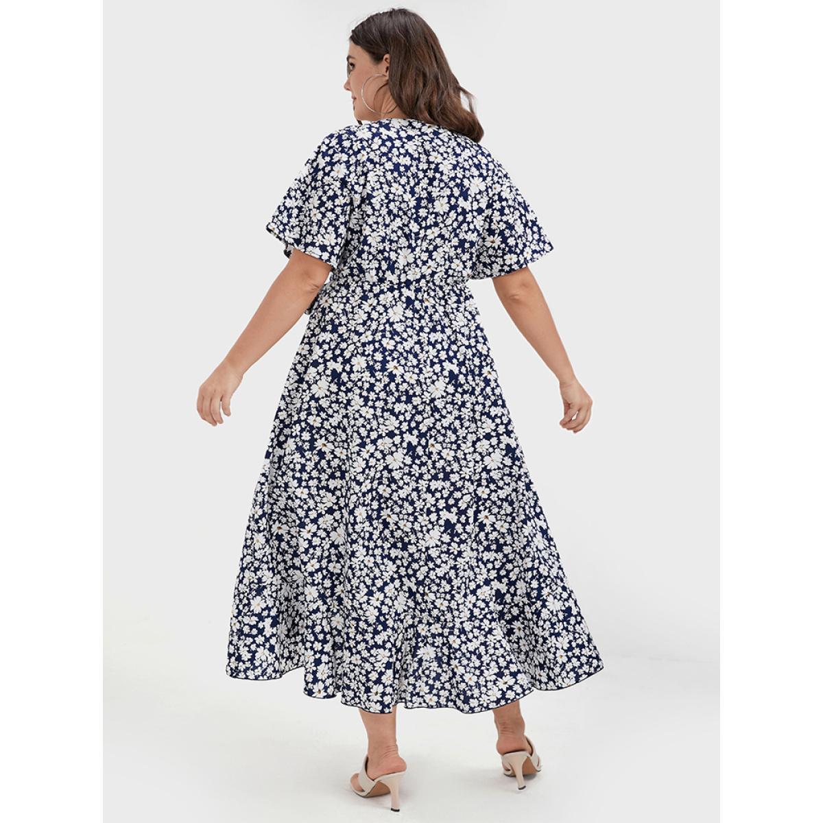 Plus Size Floral Belted Ruffles Split Pocket Wrap Dress DarkBlue Women Elegant Cross straps V-neck Short sleeve Curvy Midi Dress BloomChic 26/4X Product Image